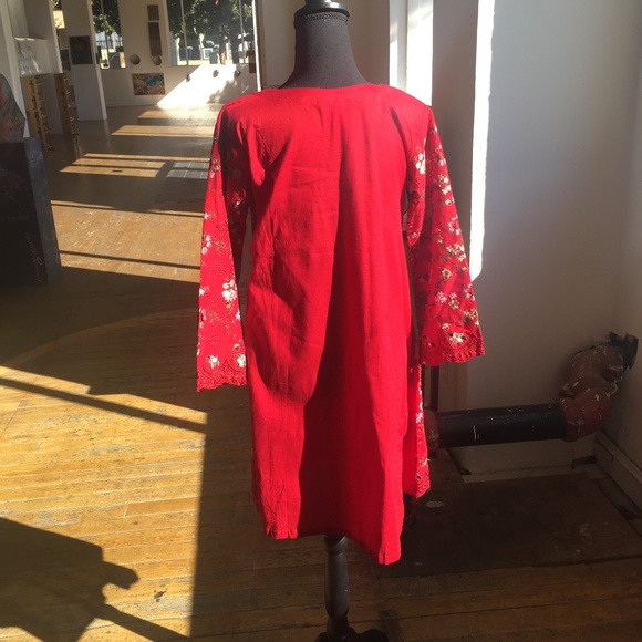 Embroidered Rich Red Floral Long Sleeve dress - Picture 5 of 6